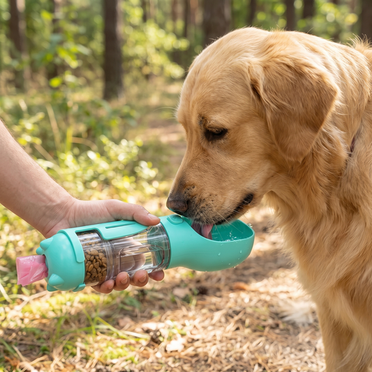 4-in-1 Portable Dog Water Bottle with Food Container, Drinking Bowl & Waste Bag Dispenser