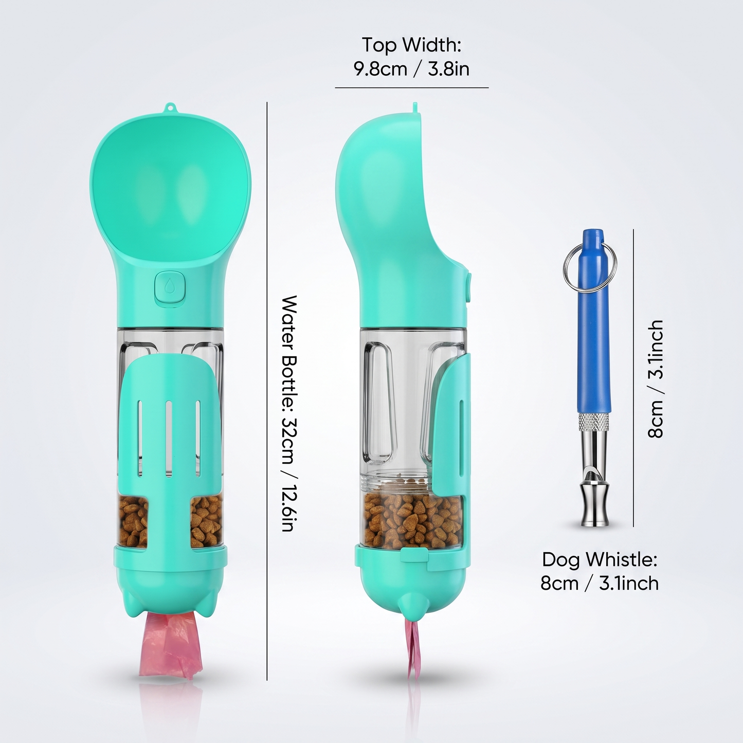 4-in-1 Portable Dog Water Bottle with Food Container, Drinking Bowl & Waste Bag Dispenser