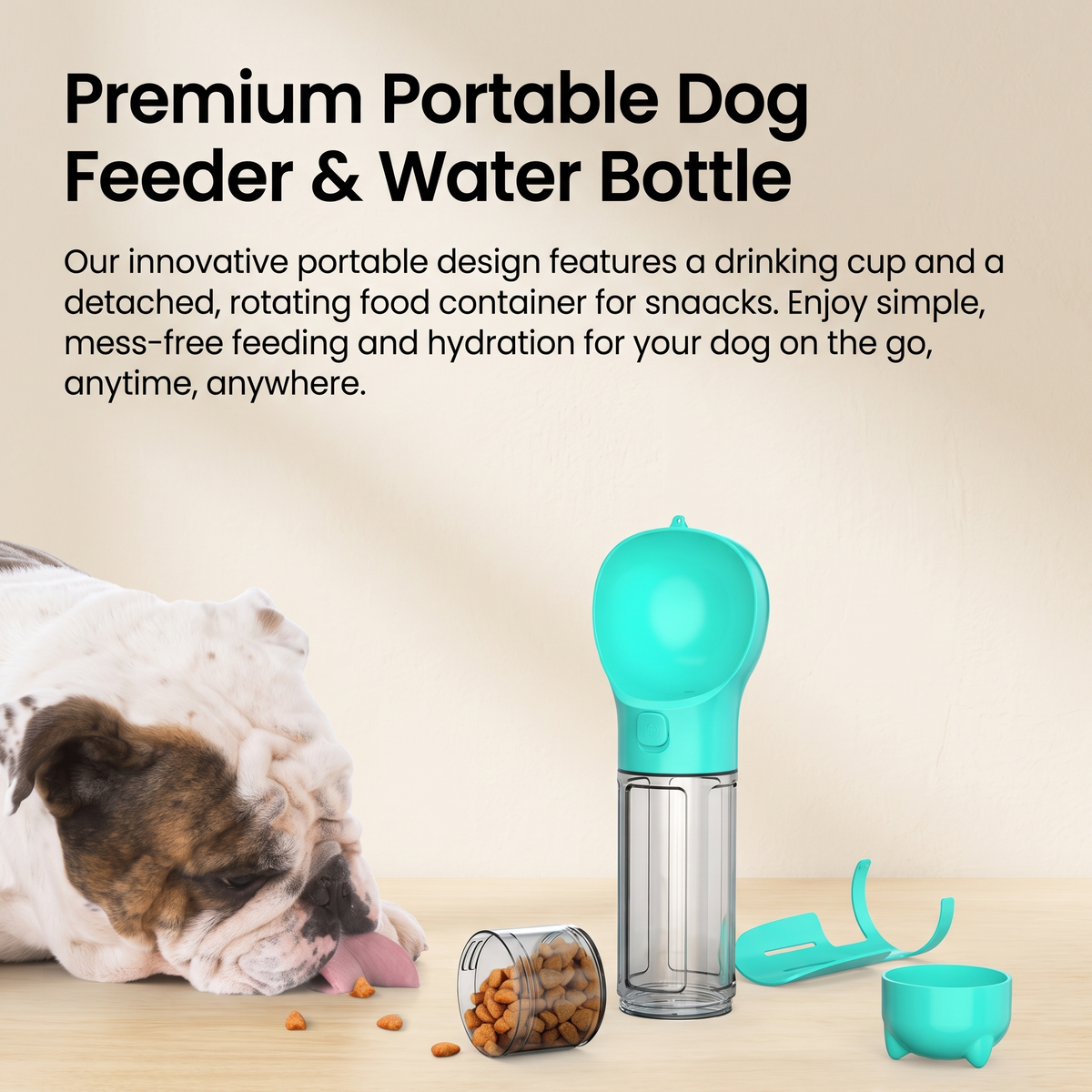 4-in-1 Portable Dog Water Bottle with Food Container, Drinking Bowl & Waste Bag Dispenser
