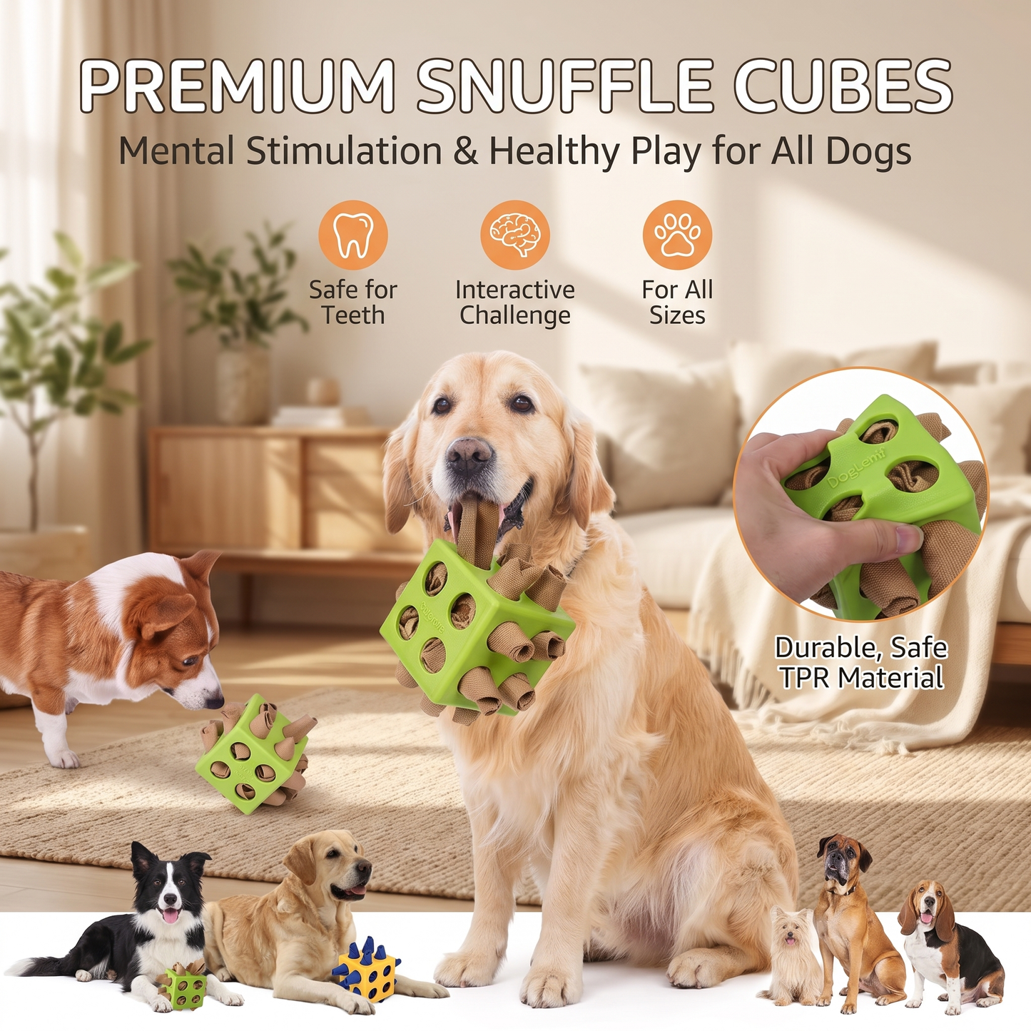Interactive Dog Puzzle Cube with Treat Pockets – Snuffle Enrichment Stimulation Toy