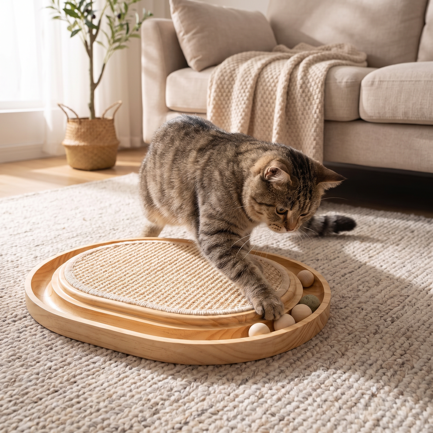 2-in-1 Wooden Cat Scratcher & Ball Track Toy – Sisal Scratching Pad with Interactive Play Balls