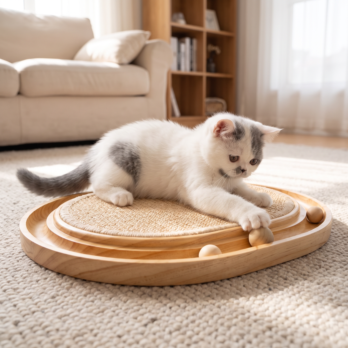 2-in-1 Wooden Cat Scratcher & Ball Track Toy – Sisal Scratching Pad with Interactive Play Balls