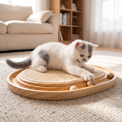 2-in-1 Wooden Cat Scratcher & Ball Track Toy – Sisal Scratching Pad with Interactive Play Balls