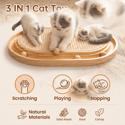 2-in-1 Wooden Cat Scratcher & Ball Track Toy – Sisal Scratching Pad with Interactive Play Balls