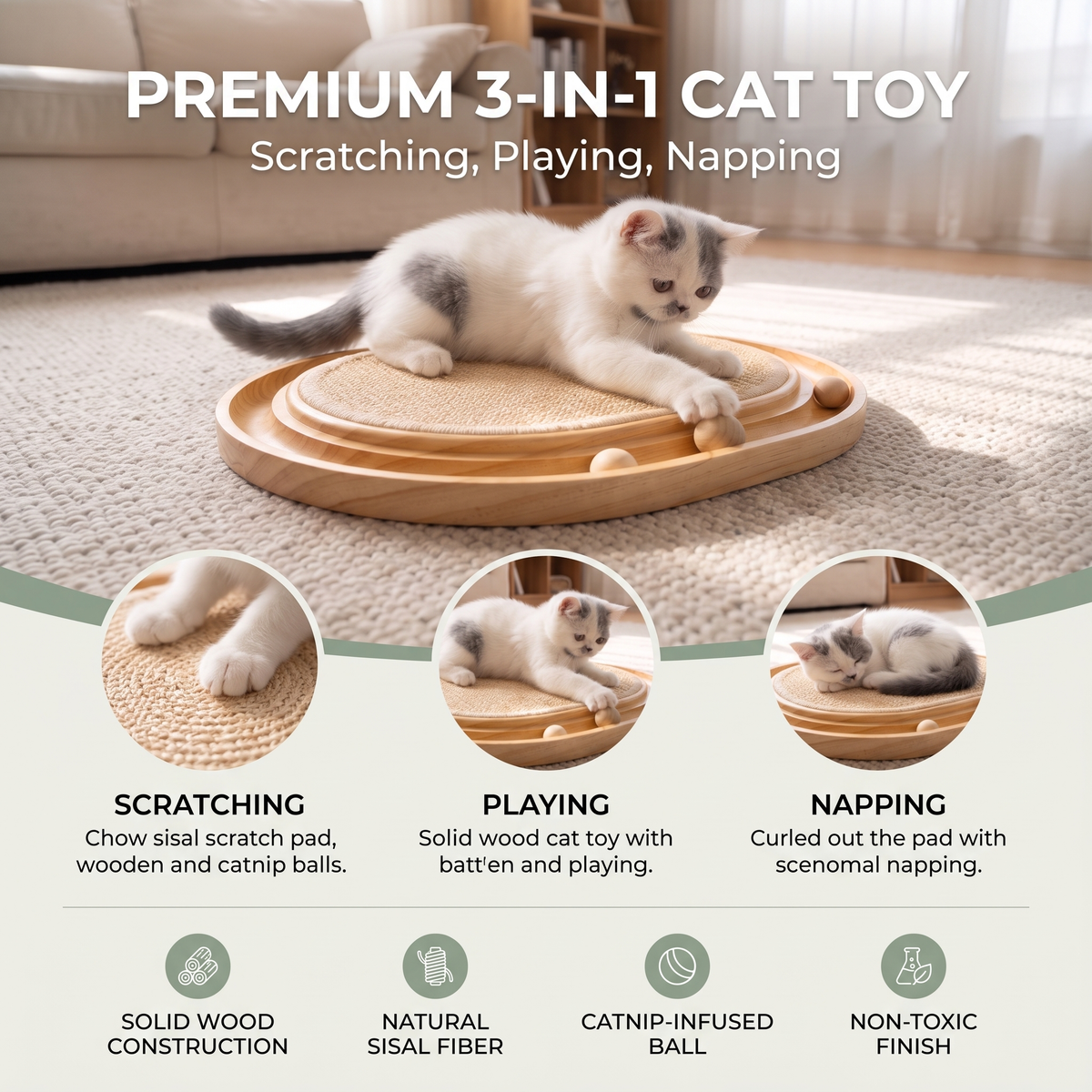 2-in-1 Wooden Cat Scratcher & Ball Track Toy – Sisal Scratching Pad with Interactive Play Balls