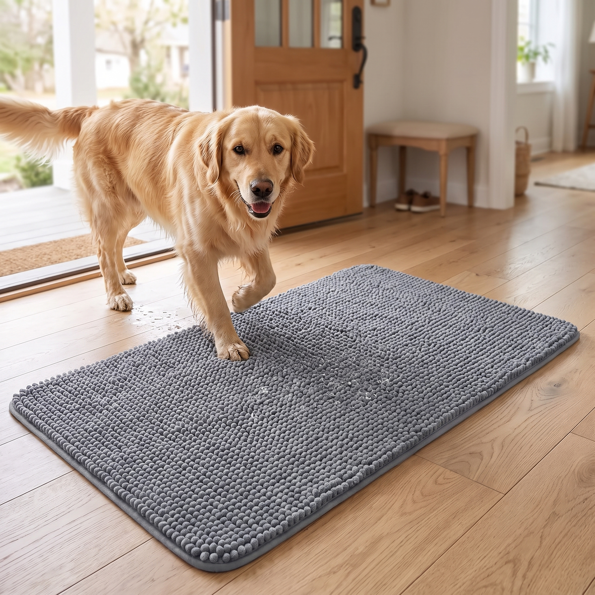 Absorbent Chenille Dog Door Mat – Soft Non-Slip Mud & Moisture Trapping Pet Paw Mat
