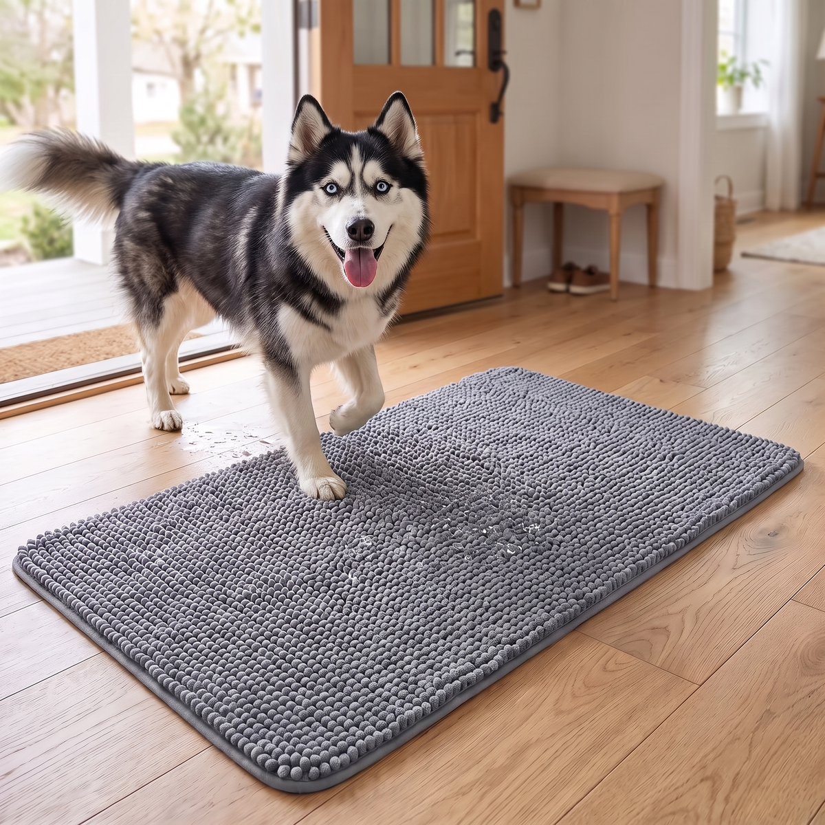 Absorbent Chenille Dog Door Mat – Soft Non-Slip Mud & Moisture Trapping Pet Paw Mat