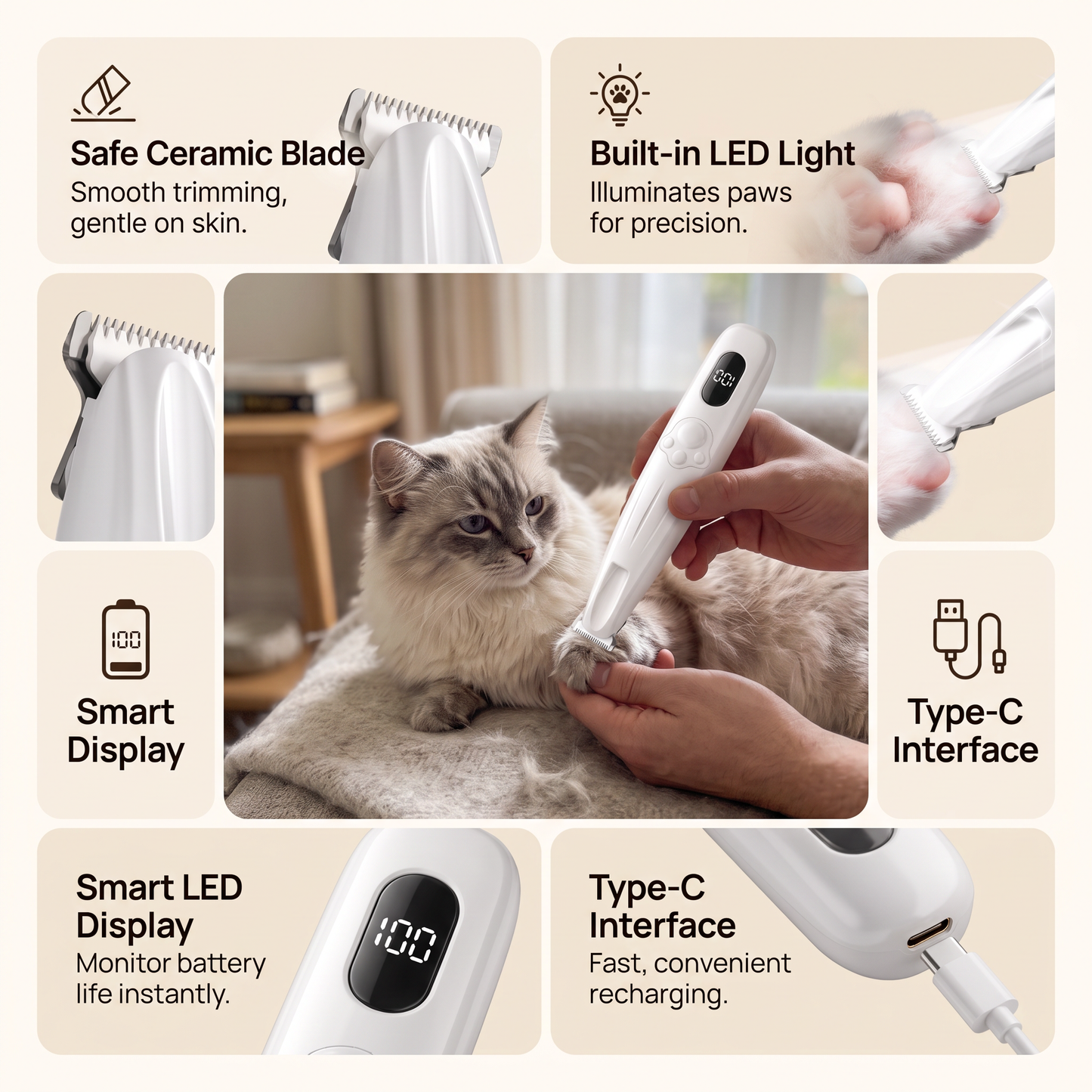 Precision Cat Paw Hair Trimmer – Rechargeable Electric Grooming Clipper with Display