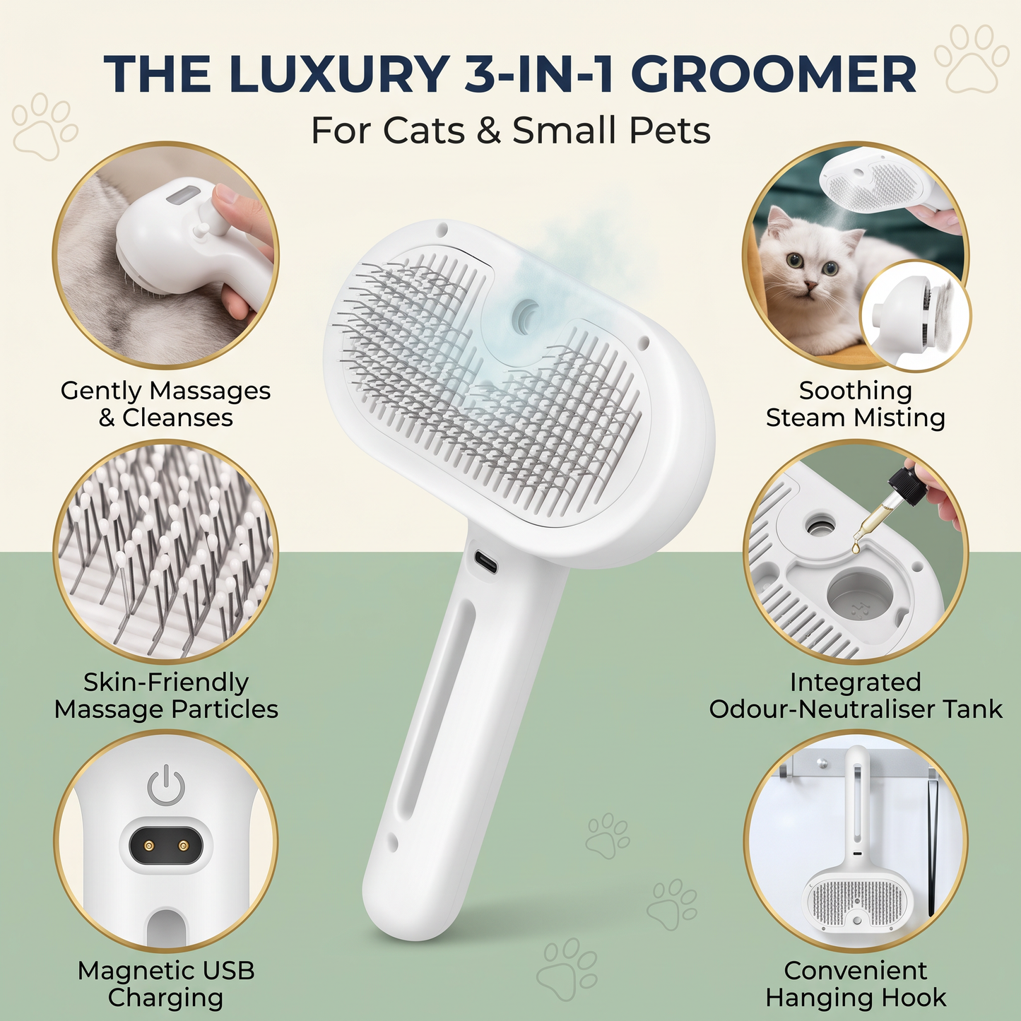 Cat Steam Grooming Brush – Refillable Spray Comb for Deshedding, Massage & Loose Hair Removal