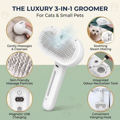 Cat Steam Grooming Brush – Refillable Spray Comb for Deshedding, Massage & Loose Hair Removal