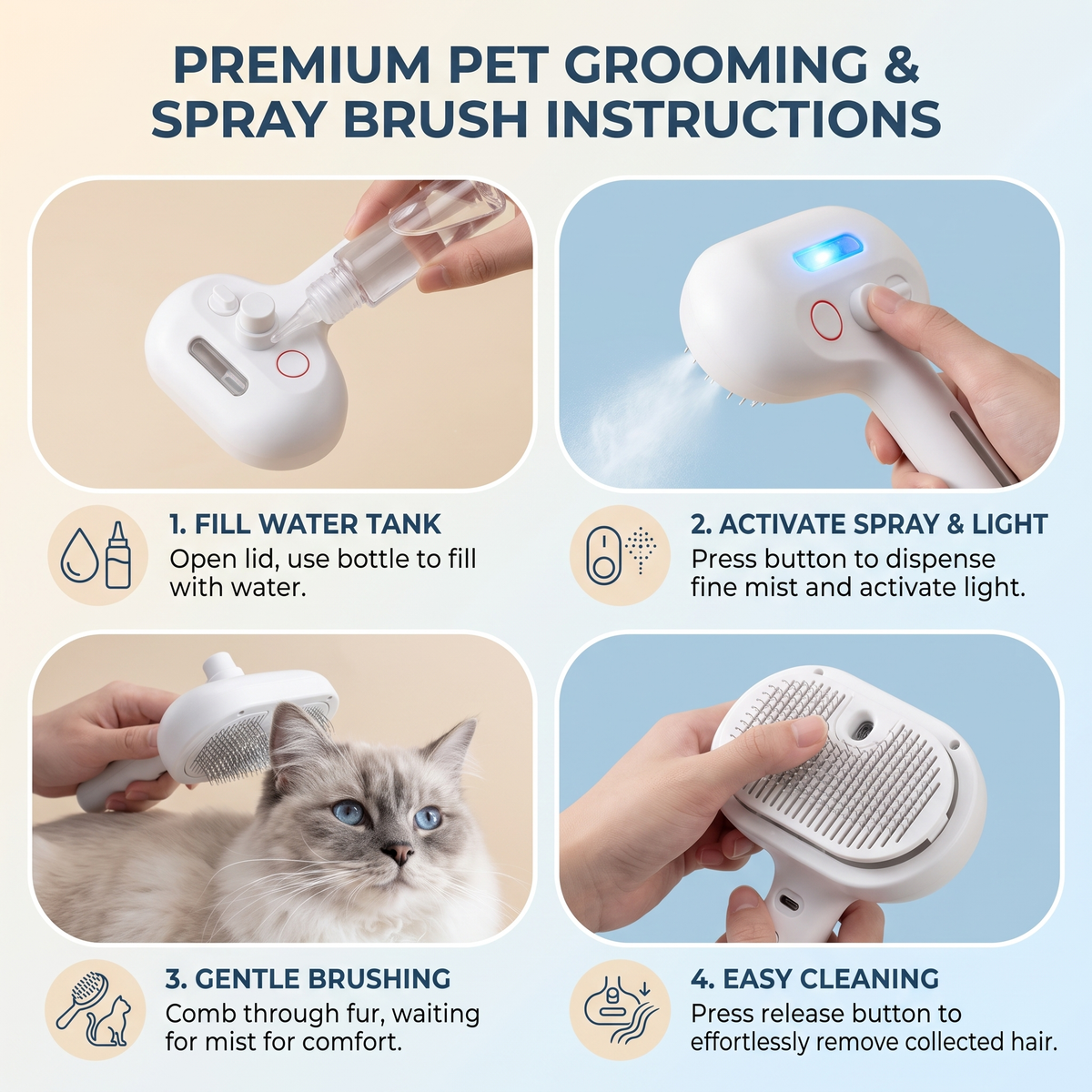 Cat Steam Grooming Brush – Refillable Spray Comb for Deshedding, Massage & Loose Hair Removal