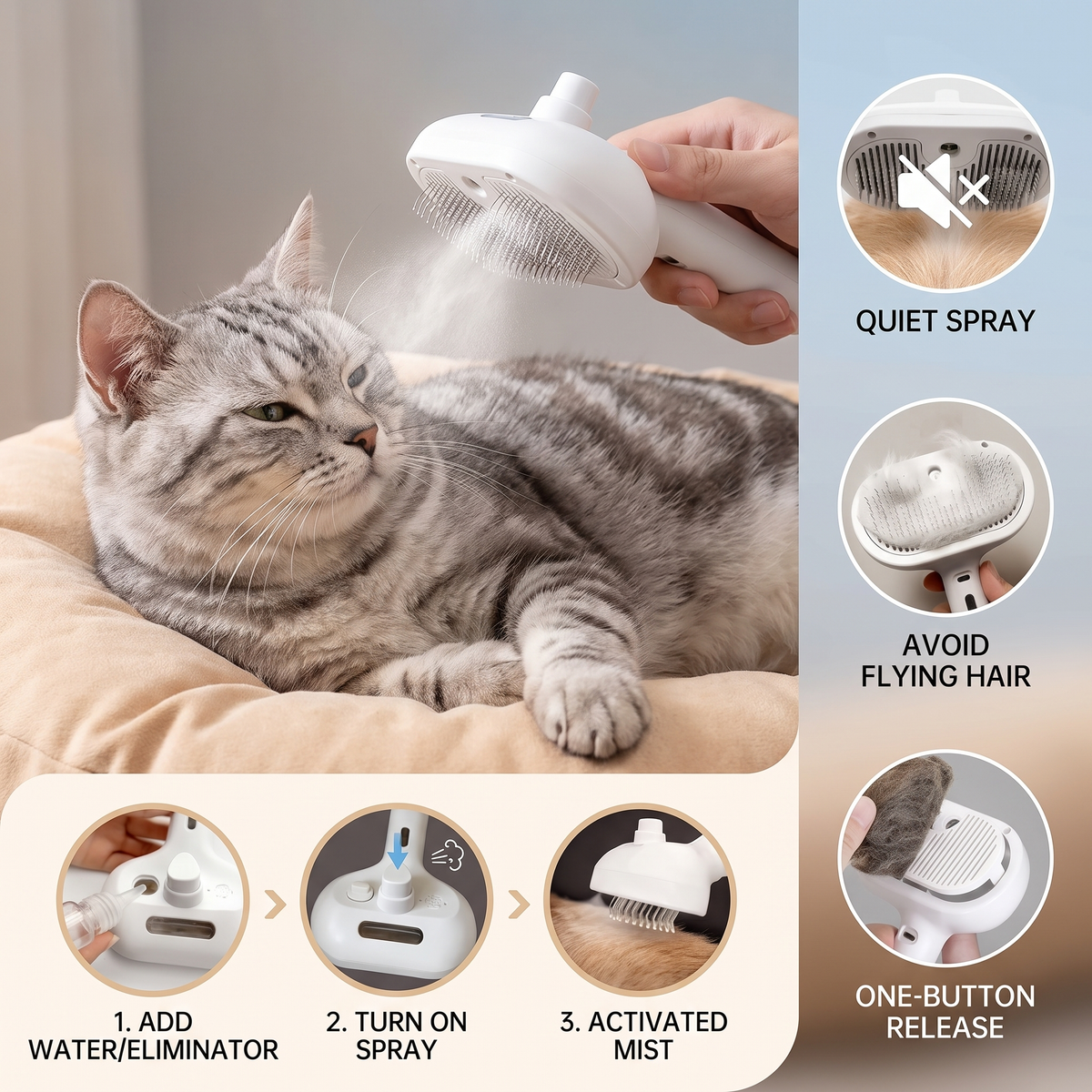 Cat Steam Grooming Brush – Refillable Spray Comb for Deshedding, Massage & Loose Hair Removal