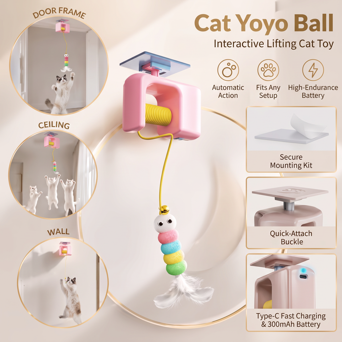 Electric Cat Door Hanger Toy Automatic Retractable Teaser for Cats & Kittens
