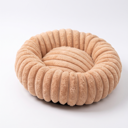 Plush Round Dog Bed – Soft Striped Bolster Calming Pet Bed with Raised Sides