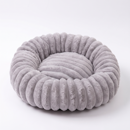 Plush Round Dog Bed – Soft Striped Bolster Calming Pet Bed with Raised Sides