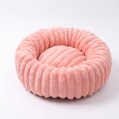 Plush Round Dog Bed – Soft Striped Bolster Calming Pet Bed with Raised Sides