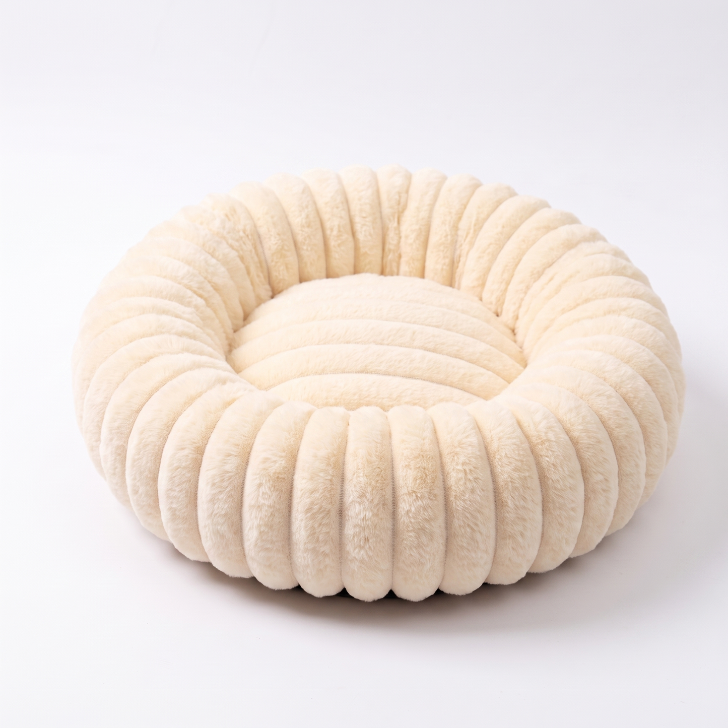 Plush Round Dog Bed – Soft Striped Bolster Calming Pet Bed with Raised Sides