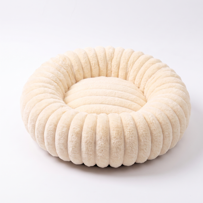 Plush Round Dog Bed – Soft Striped Bolster Calming Pet Bed with Raised Sides