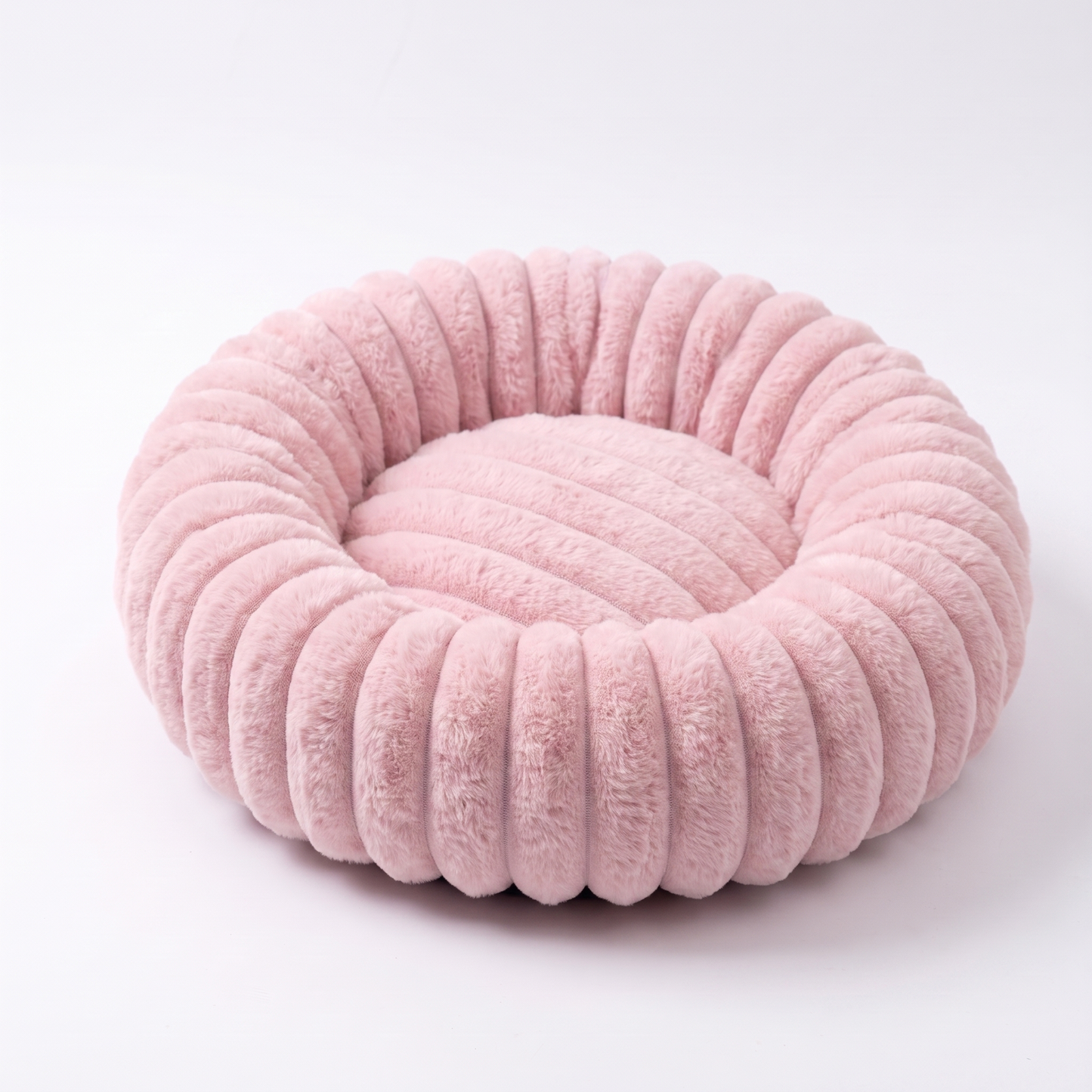 Plush Round Dog Bed – Soft Striped Bolster Calming Pet Bed with Raised Sides