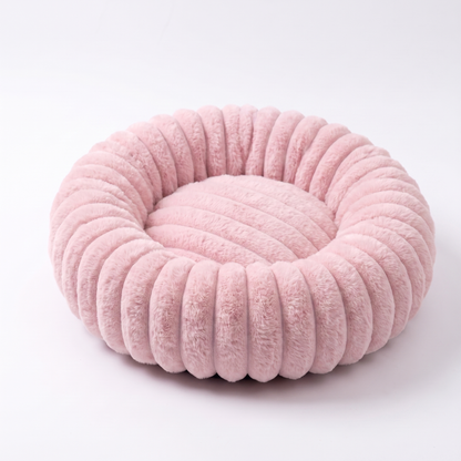 Plush Round Dog Bed – Soft Striped Bolster Calming Pet Bed with Raised Sides
