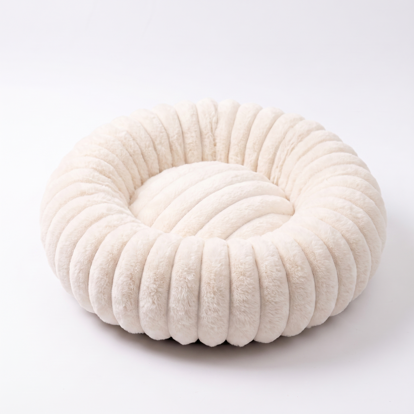 Plush Round Dog Bed – Soft Striped Bolster Calming Pet Bed with Raised Sides