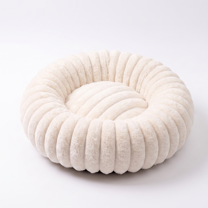 Plush Round Dog Bed – Soft Striped Bolster Calming Pet Bed with Raised Sides