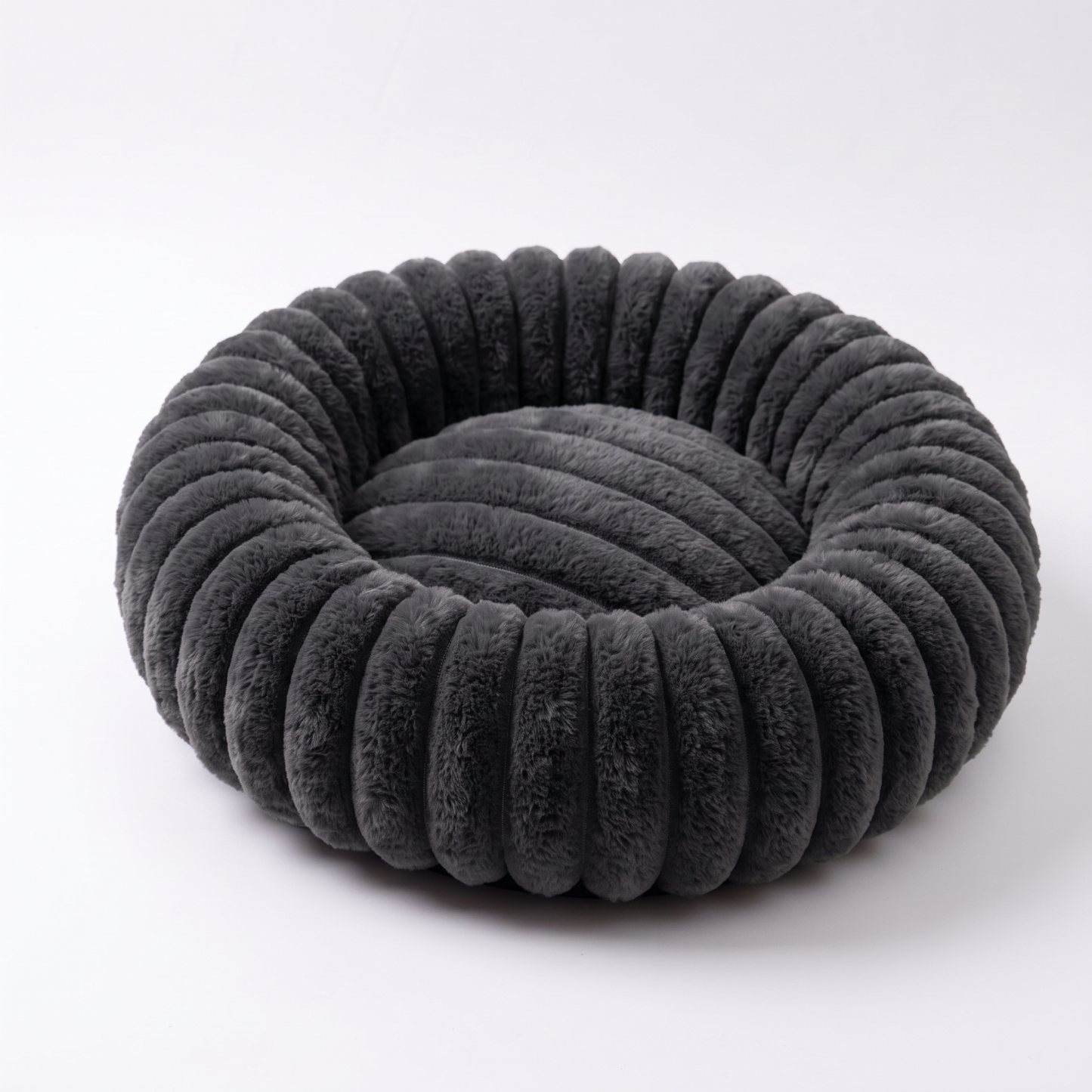 Plush Round Dog Bed – Soft Striped Bolster Calming Pet Bed with Raised Sides