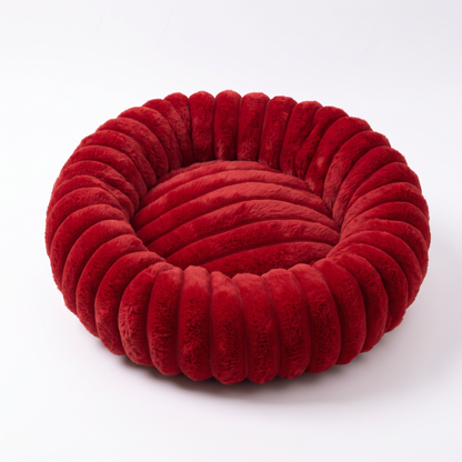 Plush Round Dog Bed – Soft Striped Bolster Calming Pet Bed with Raised Sides