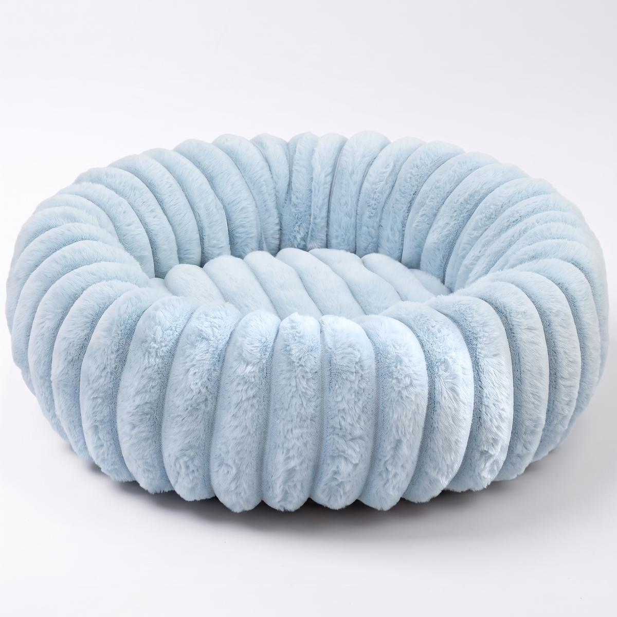 Plush Round Dog Bed – Soft Striped Bolster Calming Pet Bed with Raised Sides