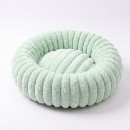 Plush Round Dog Bed – Soft Striped Bolster Calming Pet Bed with Raised Sides
