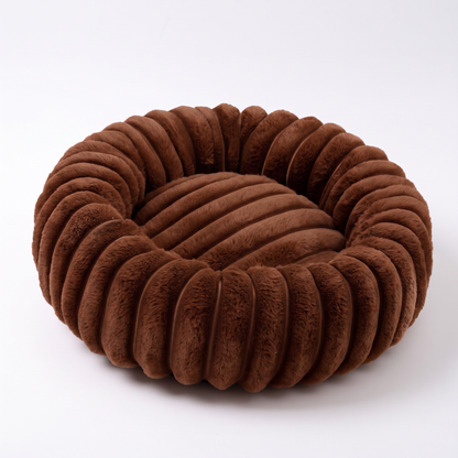 Plush Round Dog Bed – Soft Striped Bolster Calming Pet Bed with Raised Sides