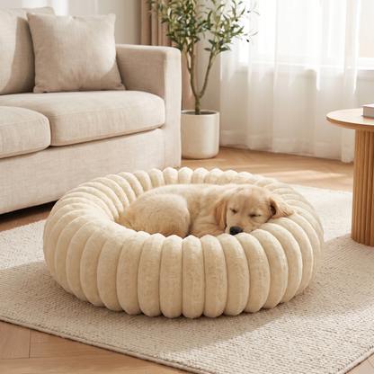 Plush Round Dog Bed – Soft Striped Bolster Calming Pet Bed with Raised Sides