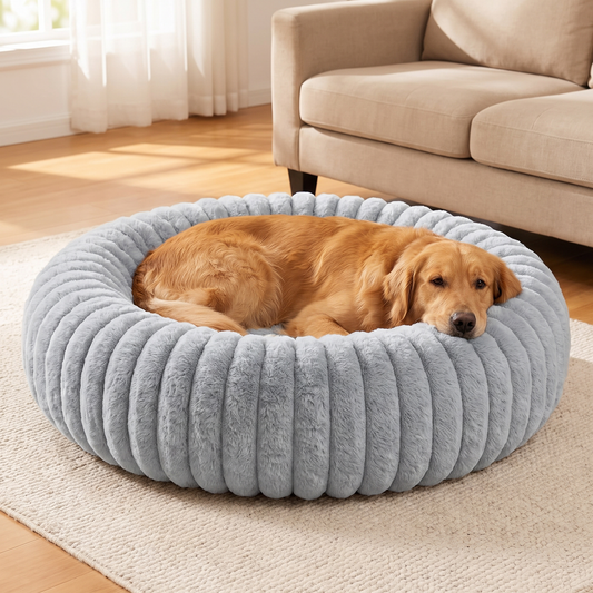 Plush Round Dog Bed – Soft Striped Bolster Calming Pet Bed with Raised Sides