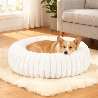 Plush Round Dog Bed – Soft Striped Bolster Calming Pet Bed with Raised Sides