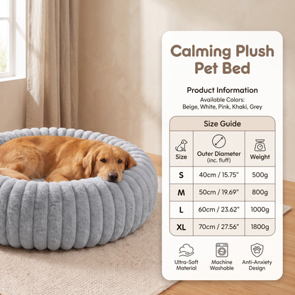 Plush Round Dog Bed – Soft Striped Bolster Calming Pet Bed with Raised Sides
