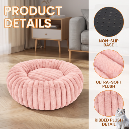 Plush Round Dog Bed – Soft Striped Bolster Calming Pet Bed with Raised Sides
