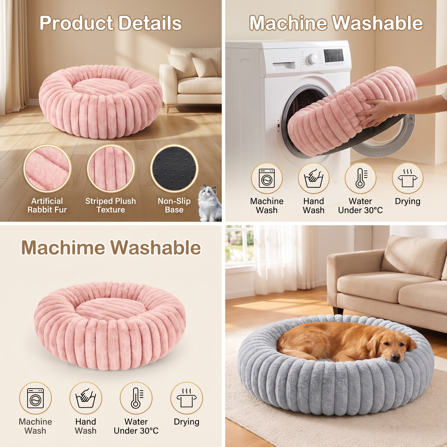Plush Round Dog Bed – Soft Striped Bolster Calming Pet Bed with Raised Sides