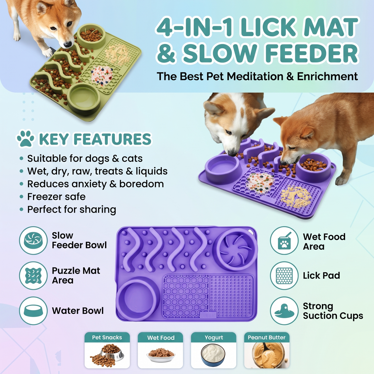 Silicone Dog Lick Mat with Slow Feeder Bowls – Non-Slip Enrichment Feeding Pad