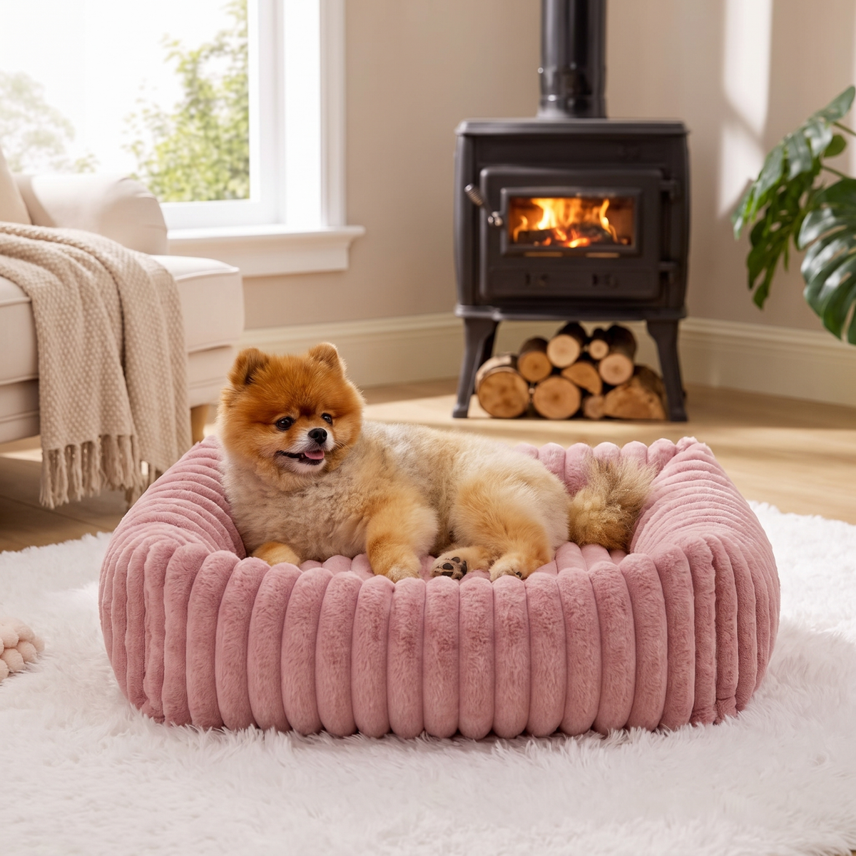 Plush Dog Bed – Soft Striped Bolster Puppy Bed with Cozy Cushion & Non-Slip Bottom
