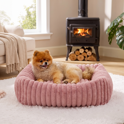 Plush Dog Bed – Soft Striped Bolster Puppy Bed with Cozy Cushion & Non-Slip Bottom