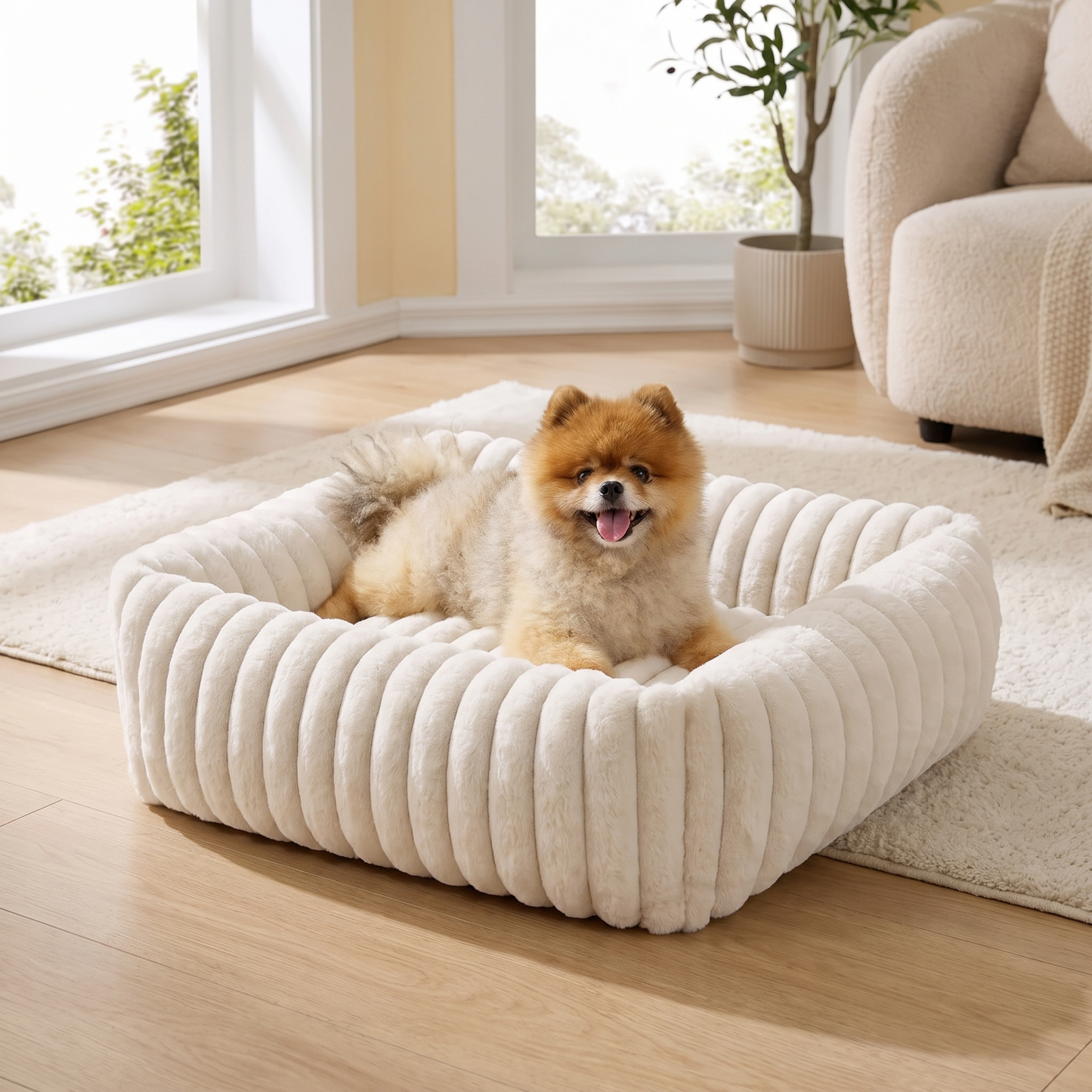 Plush Dog Bed – Soft Striped Bolster Puppy Bed with Cozy Cushion & Non-Slip Bottom