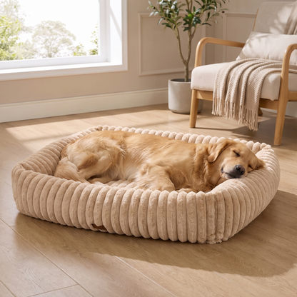 Plush Dog Bed – Soft Striped Bolster Puppy Bed with Cozy Cushion & Non-Slip Bottom