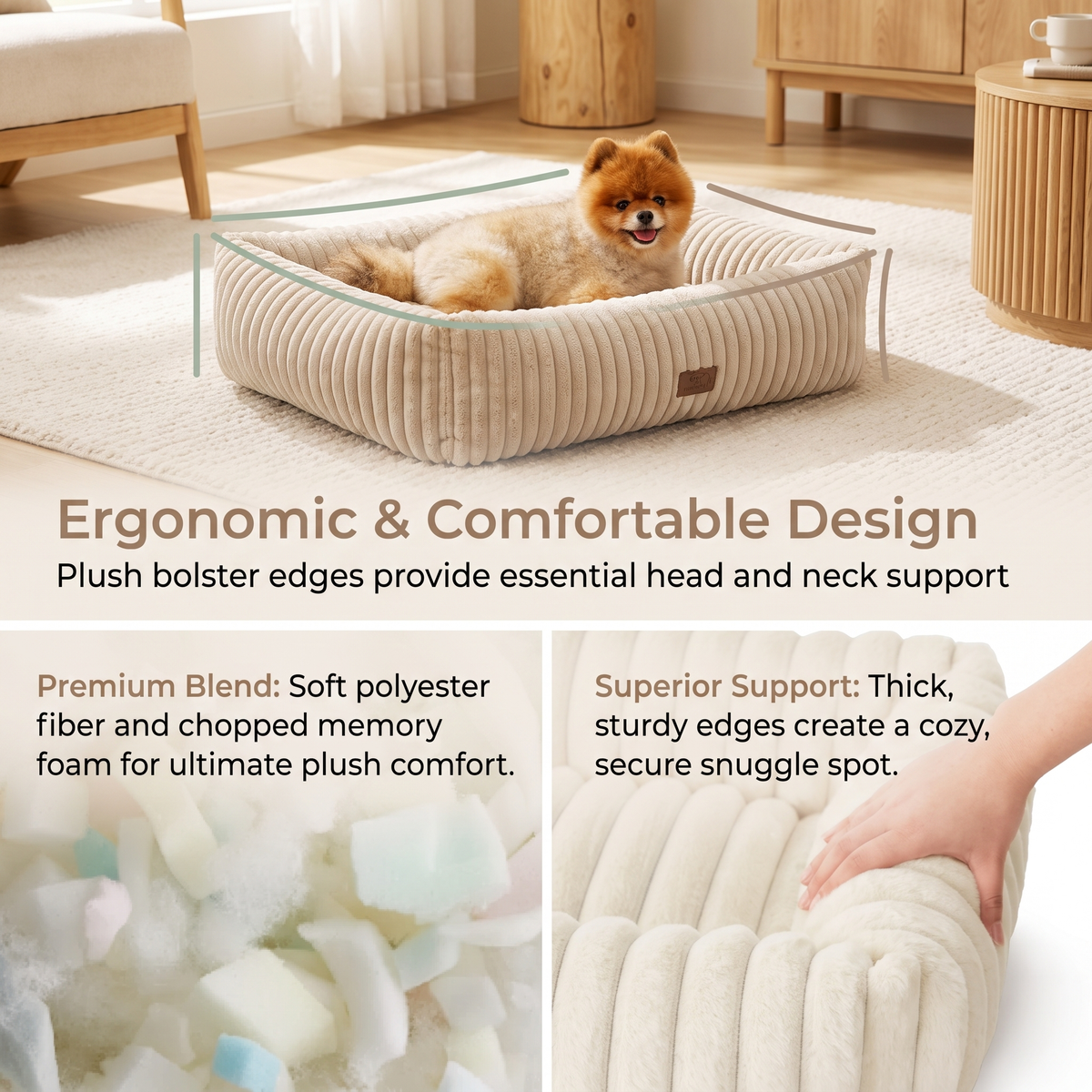 Plush Dog Bed – Soft Striped Bolster Puppy Bed with Cozy Cushion & Non-Slip Bottom