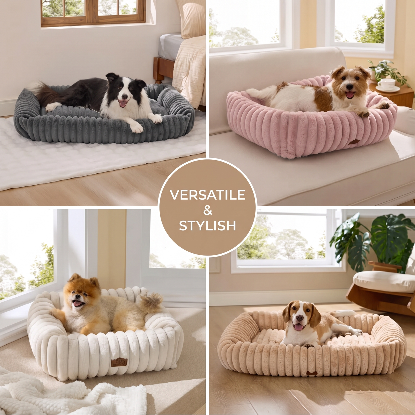 Plush Dog Bed – Soft Striped Bolster Puppy Bed with Cozy Cushion & Non-Slip Bottom