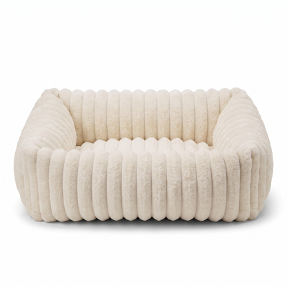 Plush Dog Bed – Soft Striped Bolster Puppy Bed with Cozy Cushion & Non-Slip Bottom