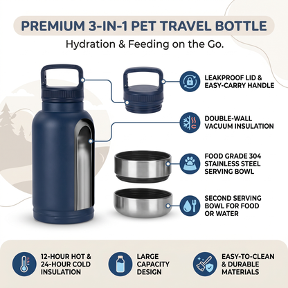 3-in-1 Pet Travel Water Bottle with Dog Food Storage Bowl for Walking & Hiking