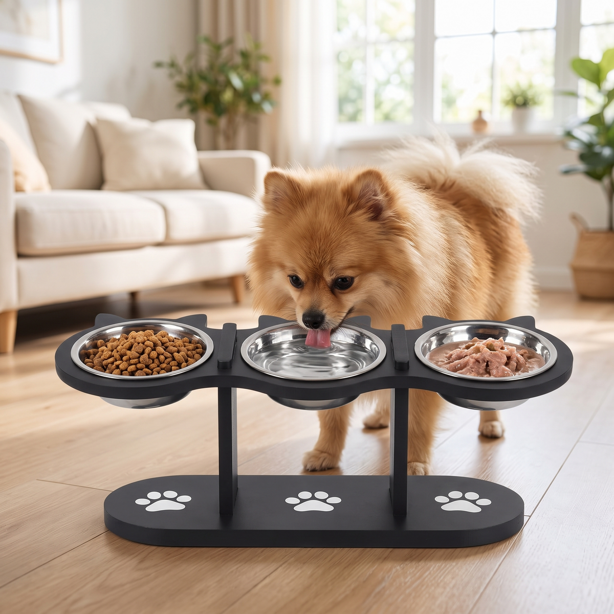Adjustable Raised Dog Bowl Stand Triple Stainless Steel Food & Water Feeder
