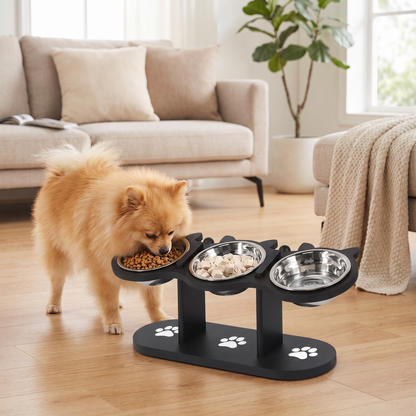 Adjustable Raised Dog Bowl Stand Triple Stainless Steel Food & Water Feeder