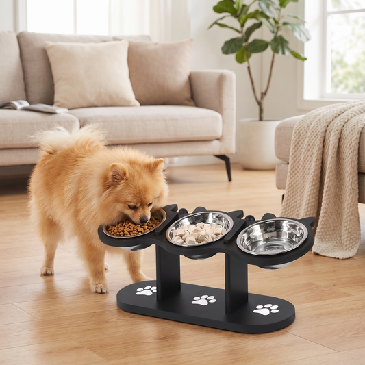 Adjustable Raised Dog Bowl Stand Triple Stainless Steel Food & Water Feeder
