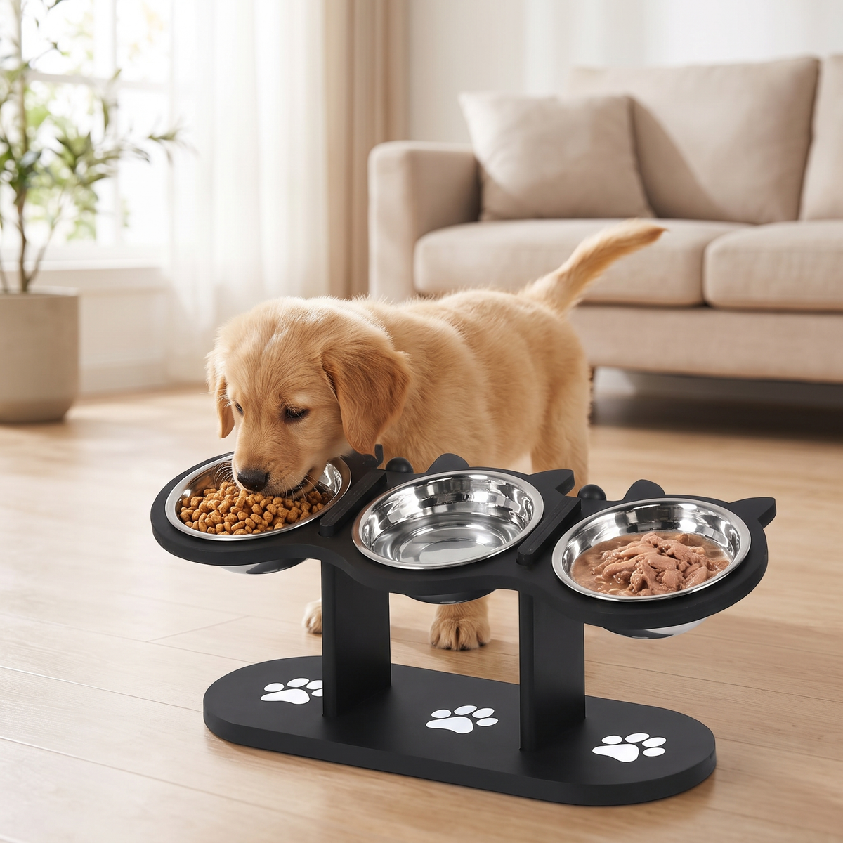 Adjustable Raised Dog Bowl Stand Triple Stainless Steel Food & Water Feeder